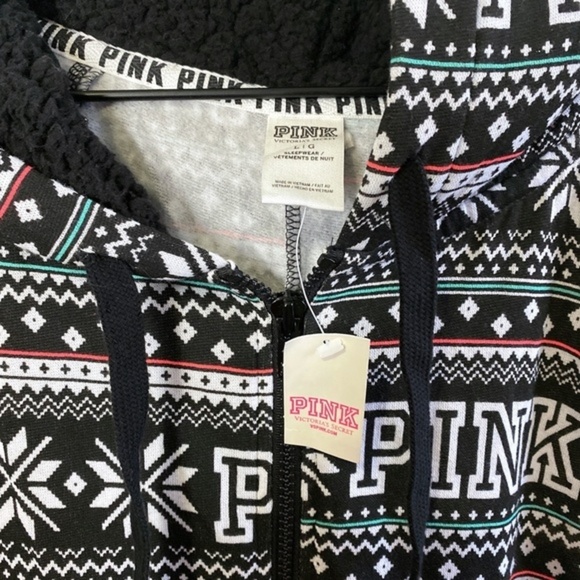 NWT Victoria's Secret PINK Sherpa Hoodie Fair Isle Onesie Pajamas‎ - Picture 4 of 7